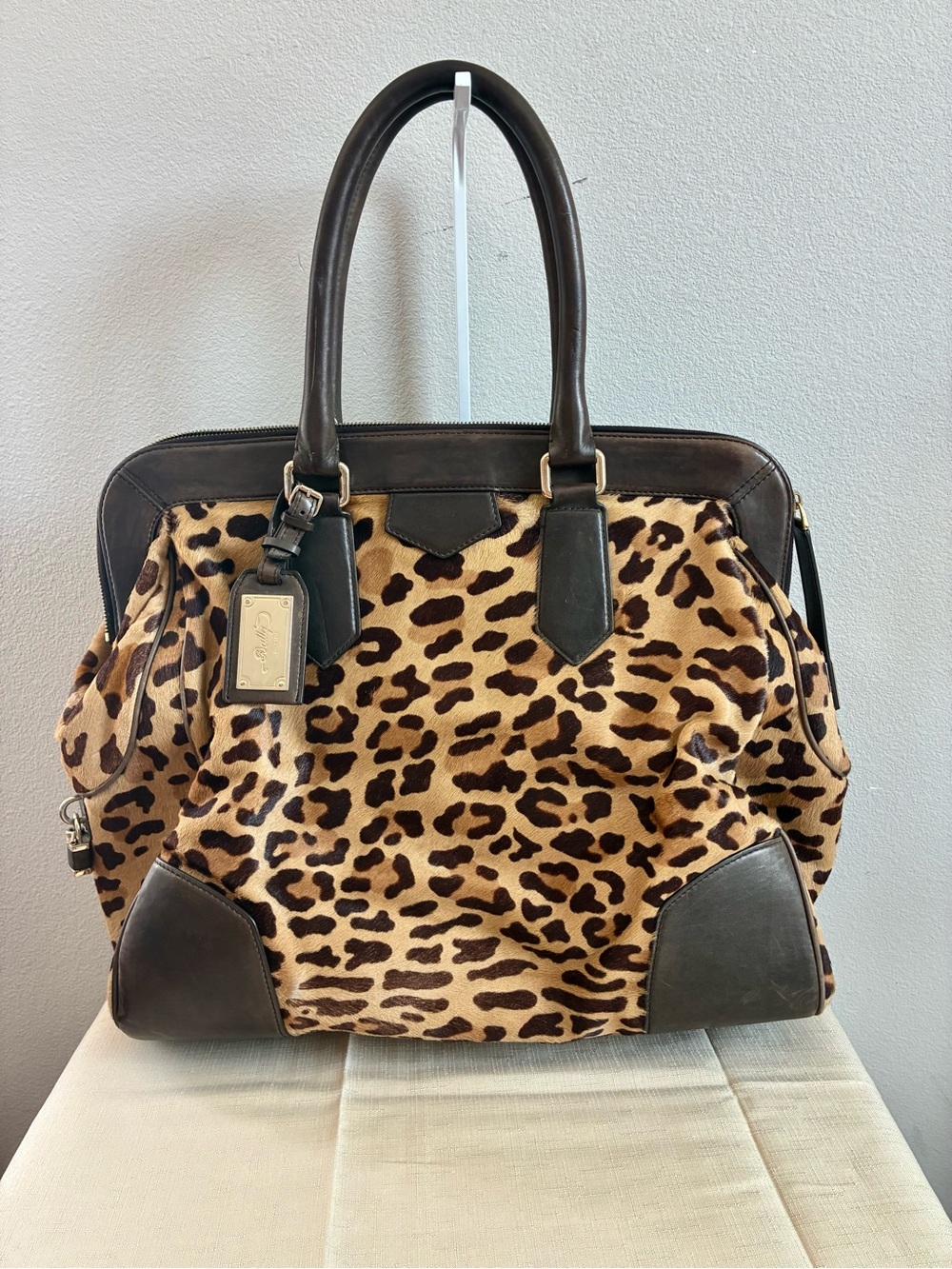 Bally Leopard Print Pony Hair Leather Satchel Bag Large Vintage Italy - Picture 2 of 9